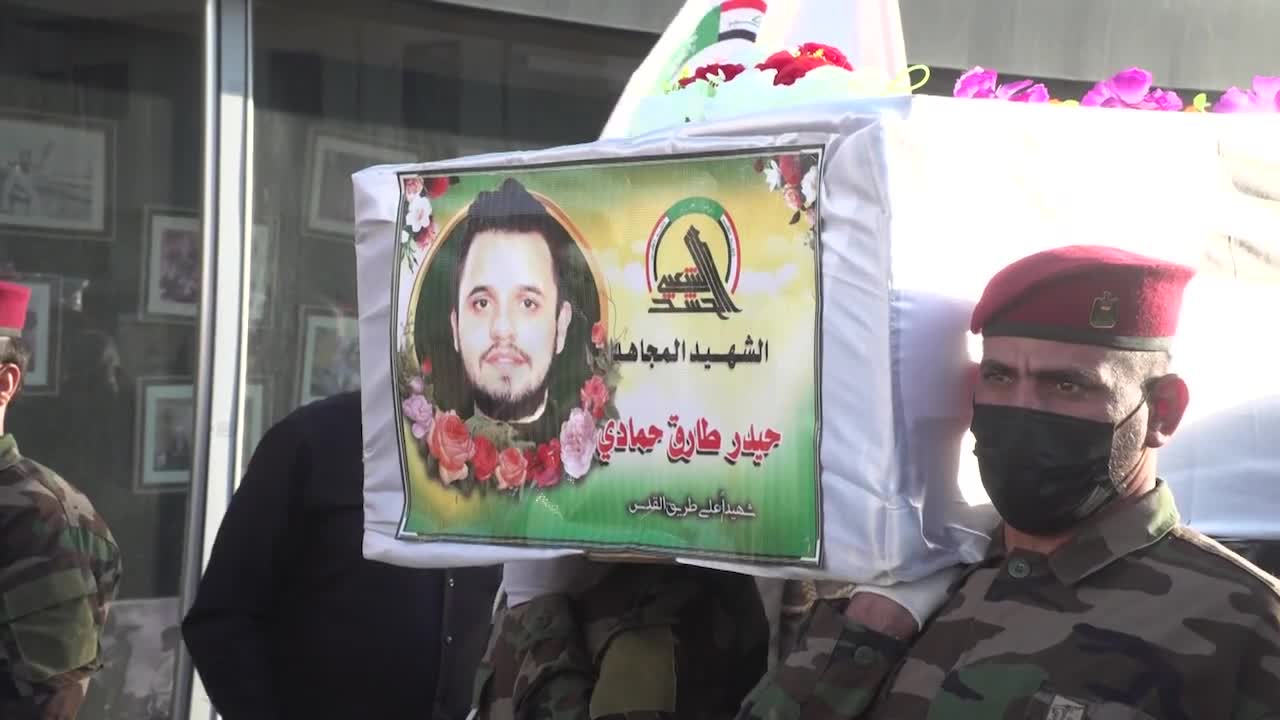 مشاهد من تشييع شهداء الحشد الشعبي الذين ارتقوا جراء عدوان أمريكي على مقرهم في جرف النصر